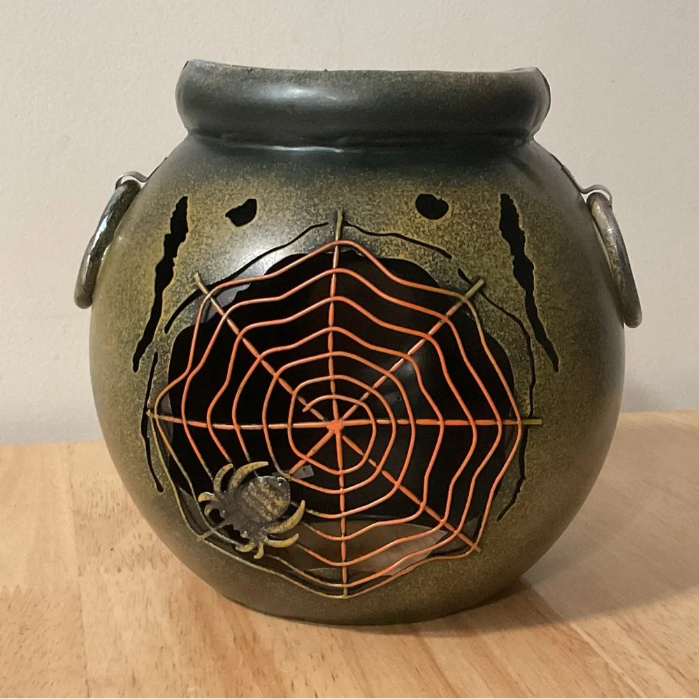 Pink Zebra Rusty Metal Witch Cauldron Spider Web Accent Shade Halloween Decor